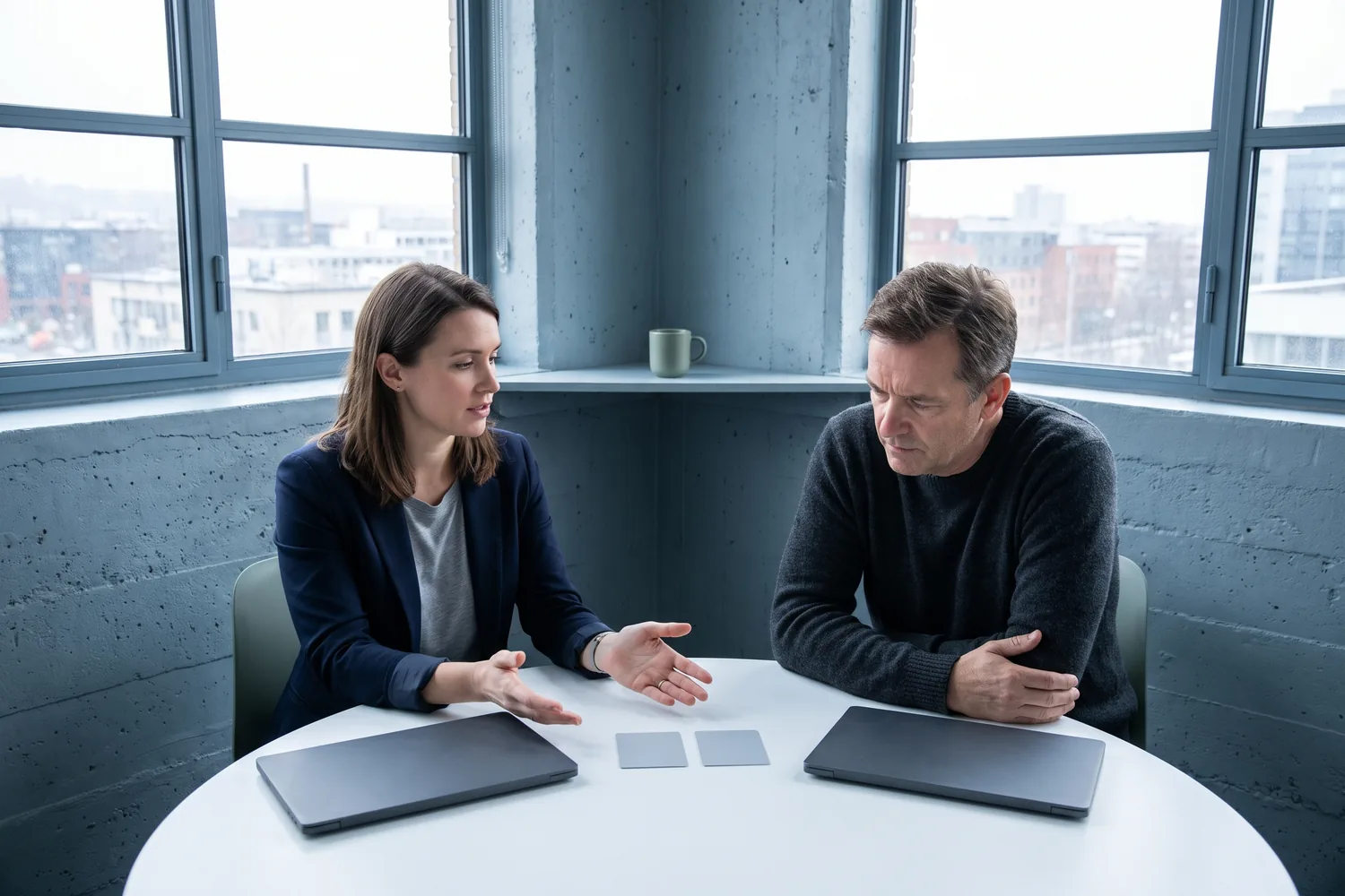 Two people at a round table weighing two blank cards between their closed laptops.