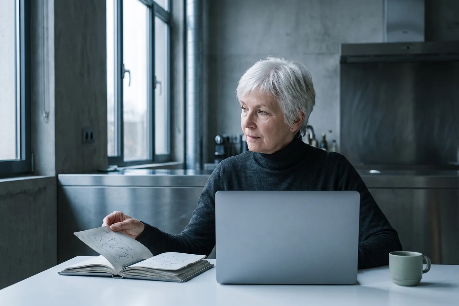 An investor turning a page of an old journal beside her laptop.
