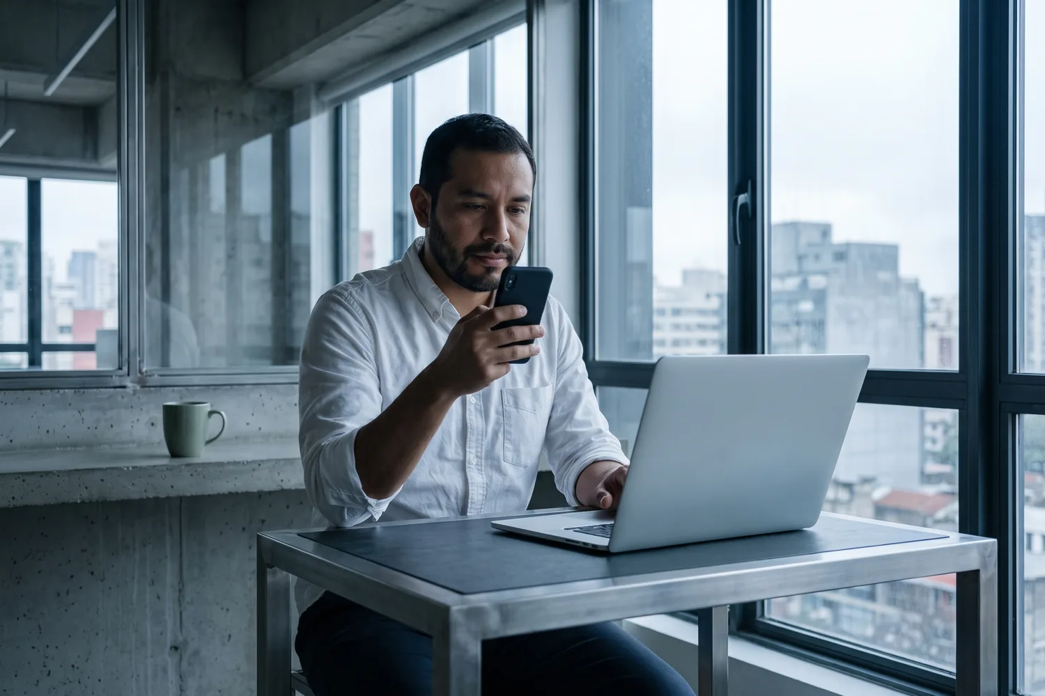 A trader at his laptop checking his phone while he waits for a confirmation.