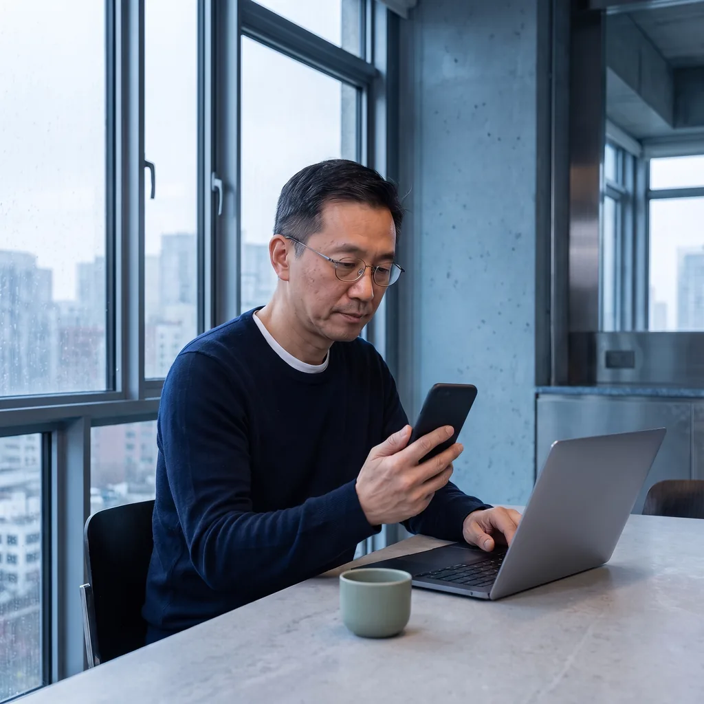 An investor in his fifties reading his phone beside an open laptop in a quiet city office.