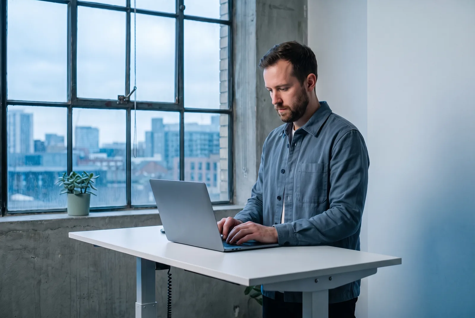 A trader in his early thirties typing at a standing desk by a window over the city.