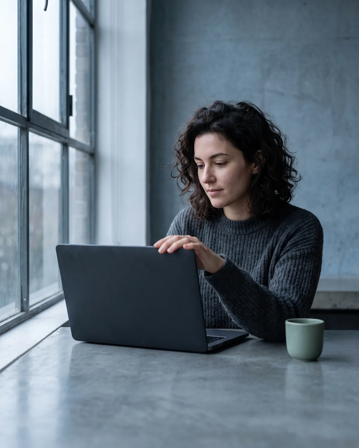 A trader in her late twenties at her laptop beside a tall window on an overcast day.