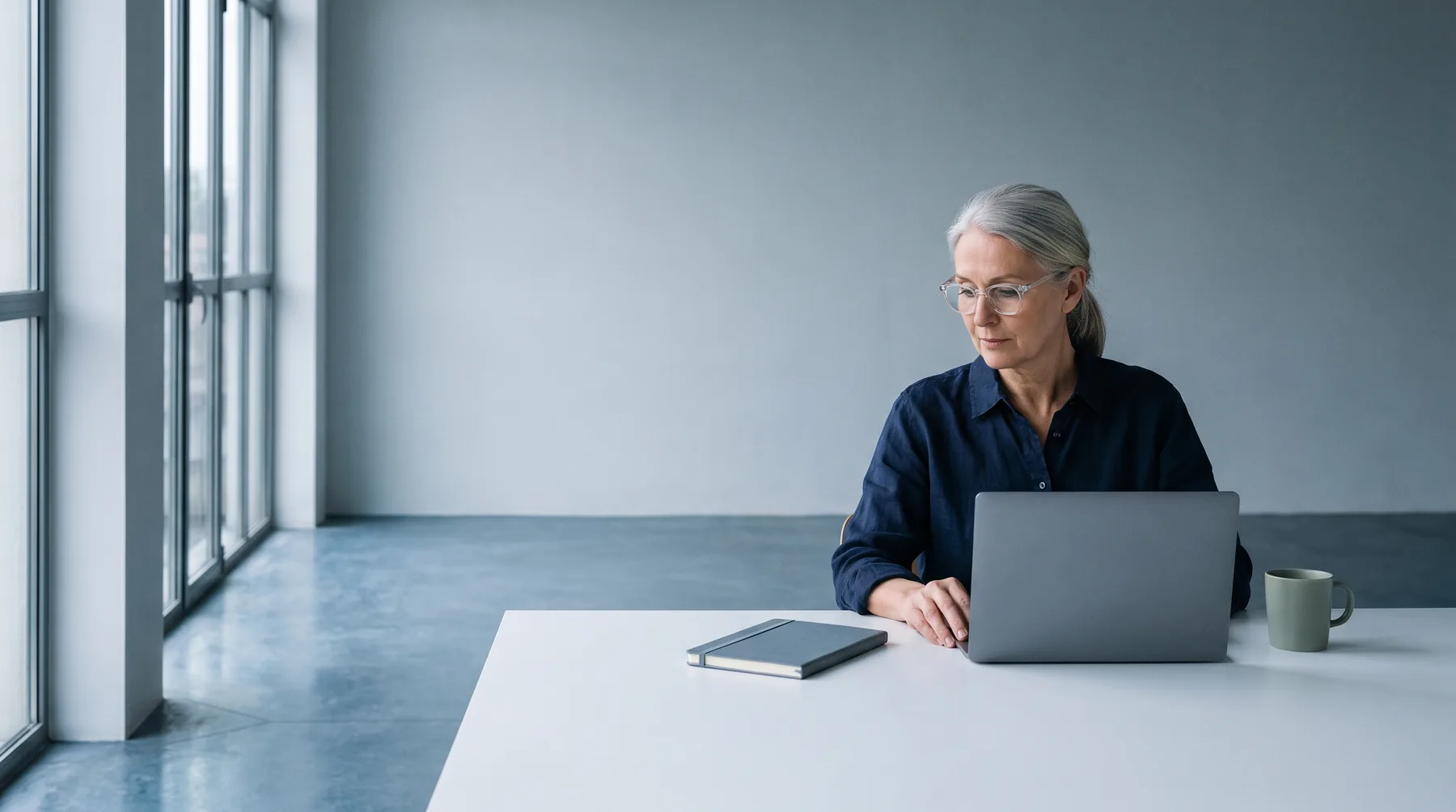 An investor in her sixties working at a laptop on a broad white table in a calm, empty room.