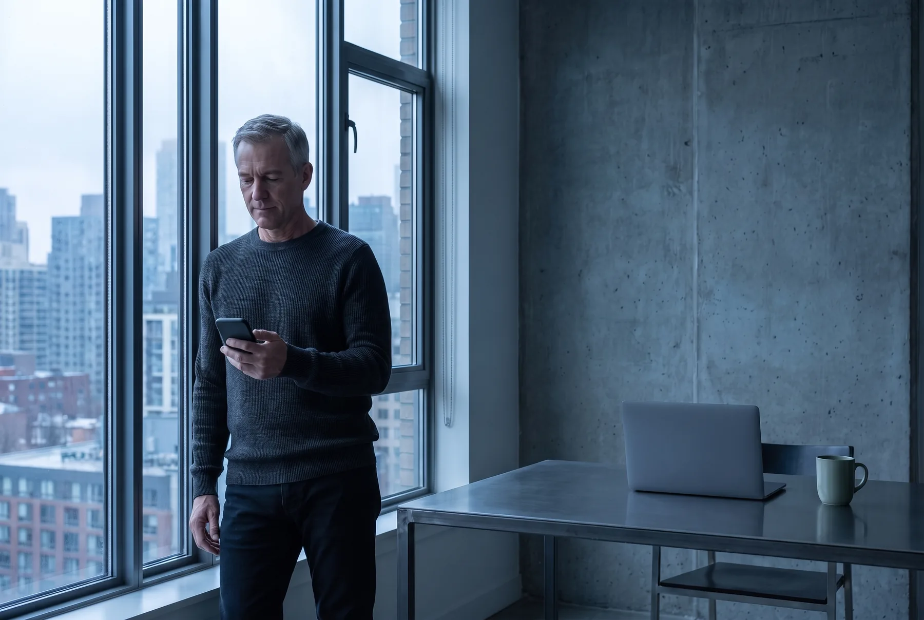 An investor in his fifties standing at his study window, reading his phone.